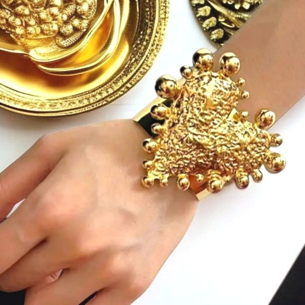 Gold Puffy Hammered Heart Oversized Cuff Bangle Bracelet